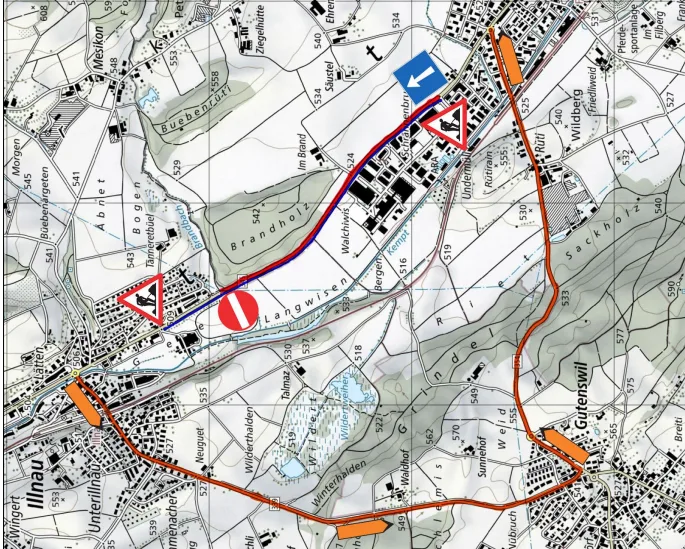 Wegen Belagsarbeiten wird der Verkehr nach Pfäffikon während rund eines Monats über Gutenswil umgeleitet. Eine Karte von den Umleitungen wegen der Baustelle.