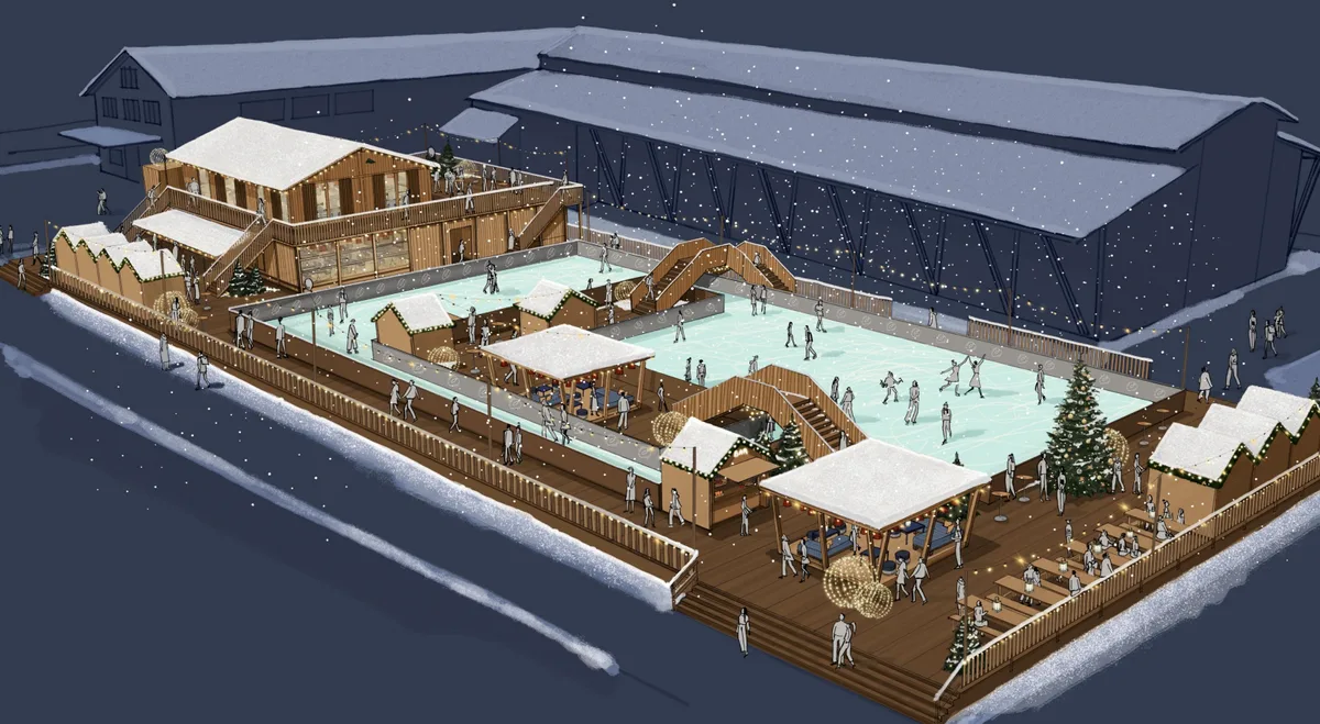 17818306-3 Ein durchgehender Holzboden, zwei miteinander verbundene Eisfelder, ein grosses Fonduechalet: So könnte der Eispark aussehen.