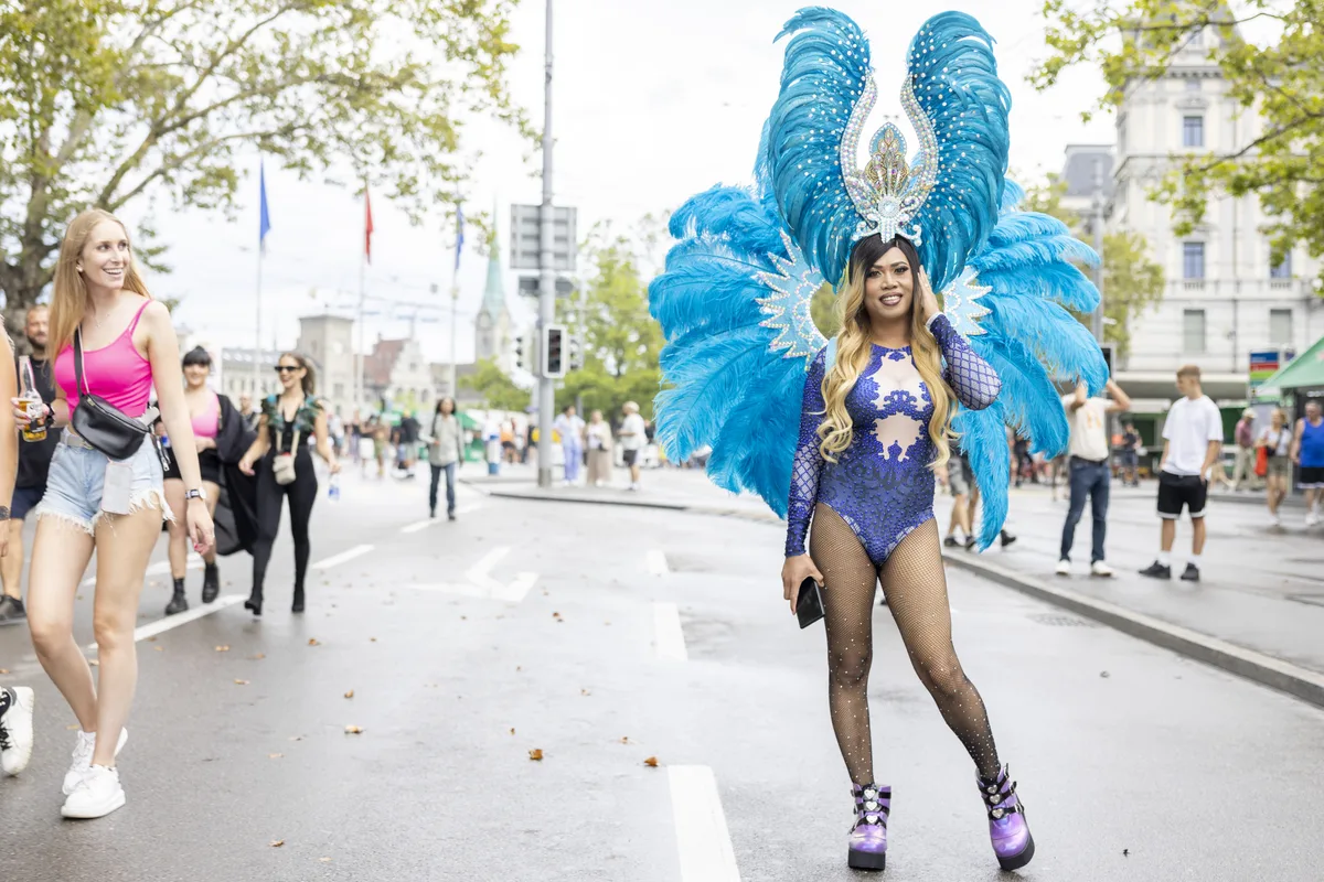 A dressed up participant during the 30th Street Parade in the city center of Zurich, Switzerland, Saturday, August 12, 2023. The annual dance music event Street Parade runs this year under the claim