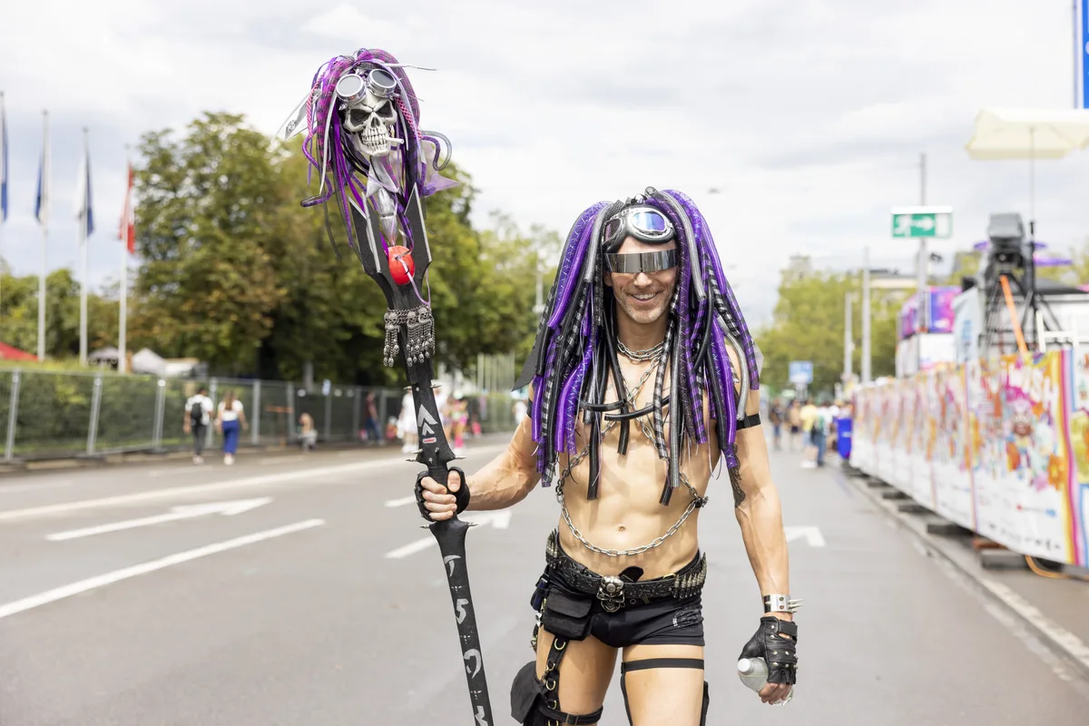 A dressed up participant during the 30th Street Parade in the city center of Zurich, Switzerland, Saturday, August 12, 2023. The annual dance music event Street Parade runs this year under the claim