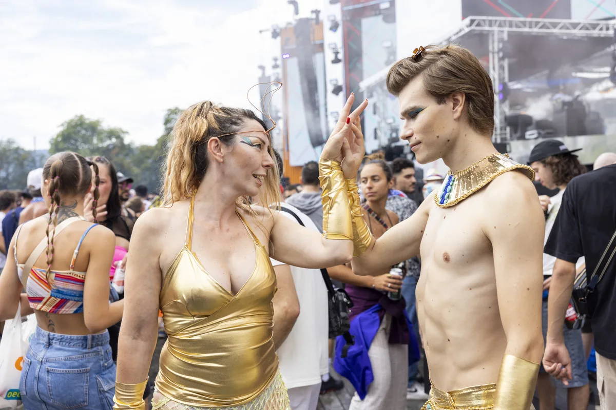 Participants are dancing through the streets during the 30th Street Parade in the city center of Zurich, Switzerland, Saturday, August 12, 2023. The annual dance music event Street Parade runs this year under the claim