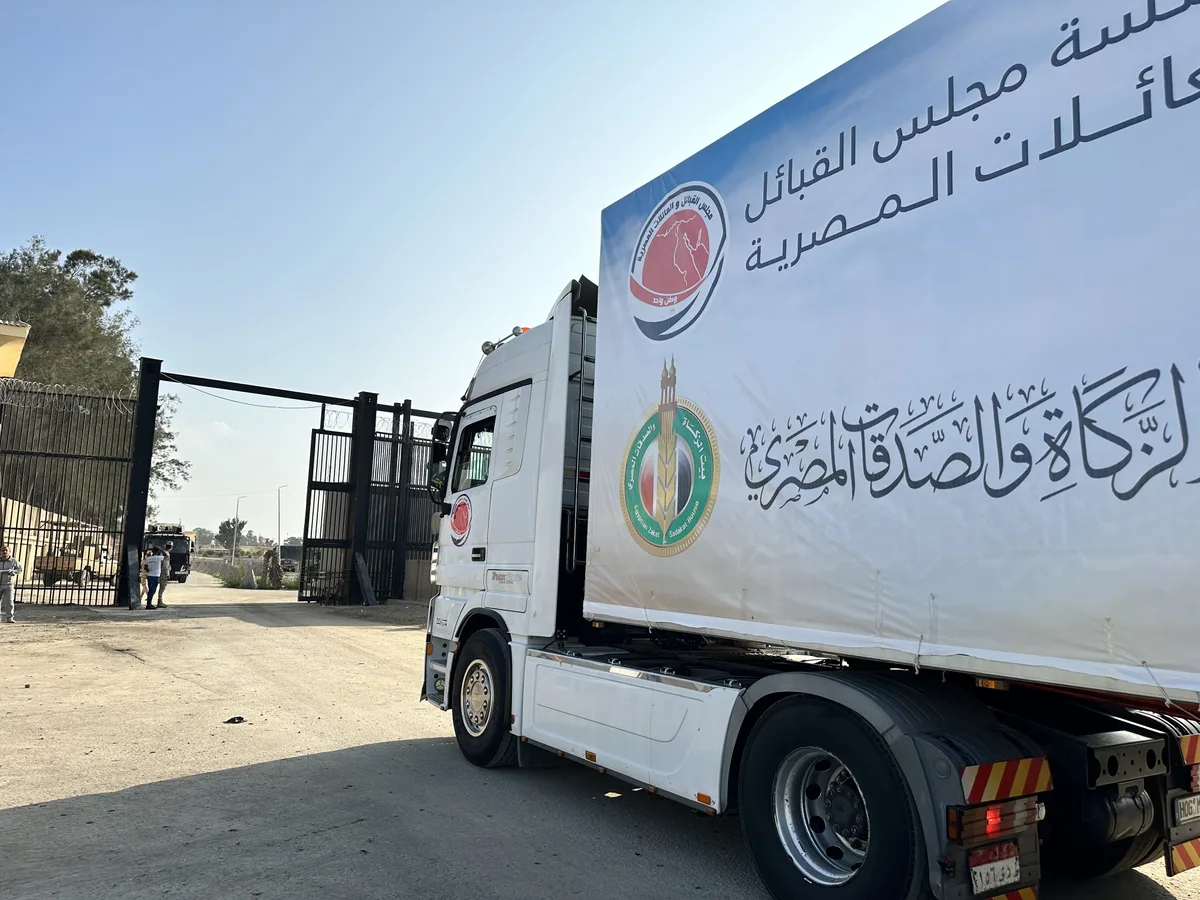 epa10954351 A humanitarian aid convoy bound for the Gaza Strip crosses the Rafah border crossing between the Gaza Strip and Egypt, in Rafah, Egypt, 02 November 2023. As per the agreement made by Egypt, Israel, and Hamas, a number of foreign nationals and individuals with critical injuries will be permitted to evacuate the besieged territory. More than 8,500 Palestinians and at least 1,400 Israelis have been killed, according to the Israel Defense Forces (IDF) and the Palestinian health authority, since Hamas militants launched an attack against Israel from the Gaza Strip on 07 October, and the Israeli operations in Gaza and the West Bank which followed it. EPA/STRINGER epa10954351 A humanitarian aid convoy bound for the Gaza Strip crosses the Rafah border crossing between the Gaza Strip and Egypt, in Rafah, Egypt, 02 November 2023. As per the agreement made by Egypt, Israel, and Hamas, a number of foreign nationals and individuals with critical injuries will be permitted to evacuate the besieged territory. More than 8,500 Palestinians and at least 1,400 Israelis have been killed, according to the Israel Defense Forces (IDF) and the Palestinian health authority, since Hamas militants launched an attack against Israel from the Gaza Strip on 07 October, and the Israeli operations in Gaza and the West Bank which followed it. EPA/STRINGER