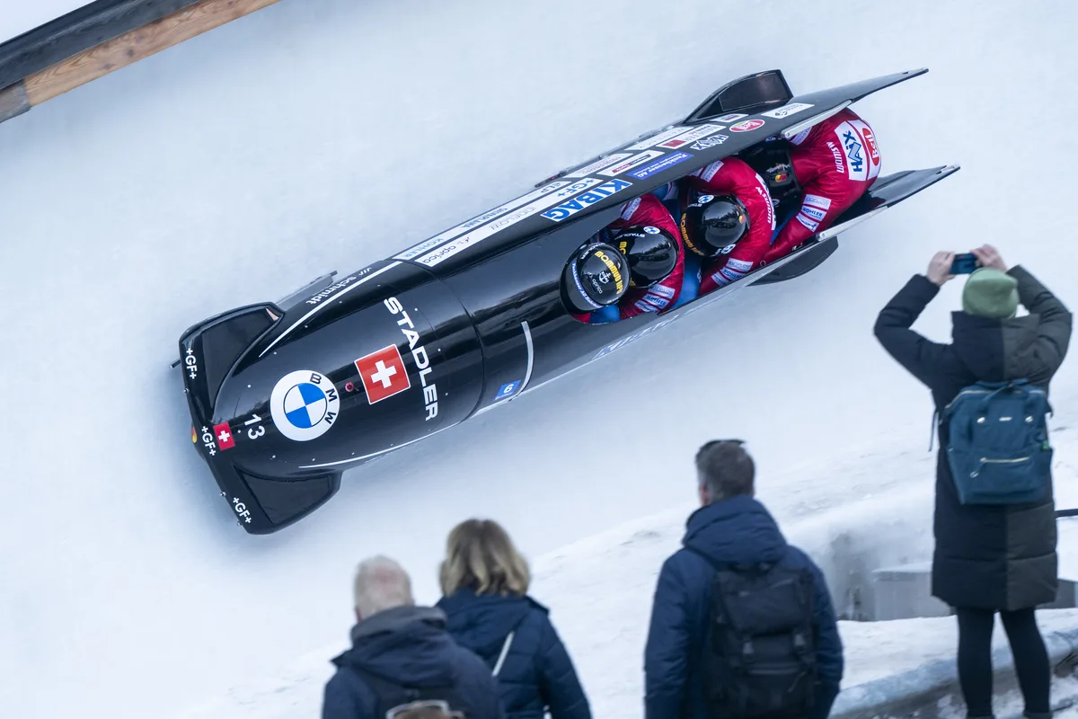 Simon Friedli and Team of Switzerland in action during the Men?s 4-Bob World Championships in St. Moritz, Switzerland, on Sunday, January 14, 2024. (KEYSTONE/Mayk Wendt)