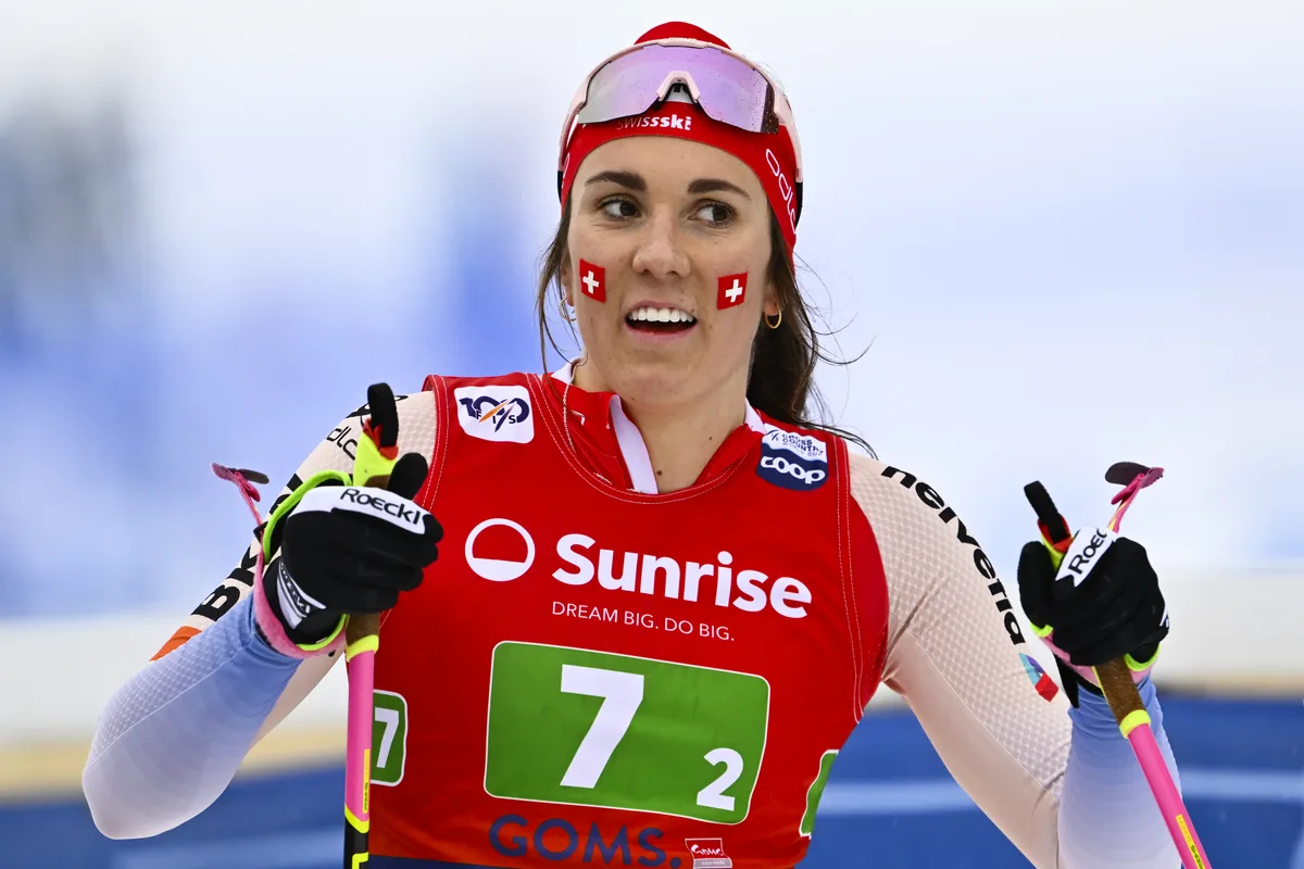 Anja Weber of Switzerland reacts during the 4x5 km team mixed-relay Classic/Free race at the FIS Cross-Country World Cup at the Nordic Center Goms, in Geschinen, Switzerland, Friday, January 26, 2024. (KEYSTONE/Jean-Christophe Bott)