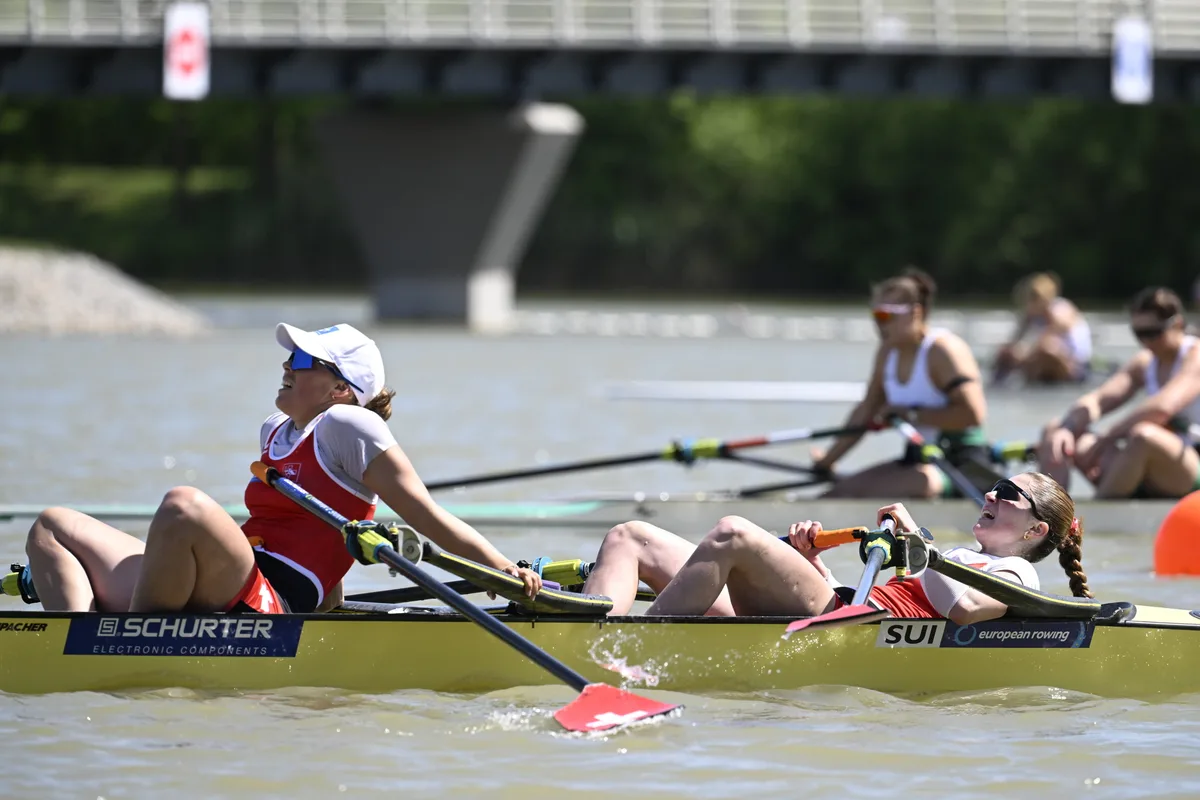 epa11306931 Nina Wettstein and Jeannine Gmelin of Switzerland react after they came in sixth in the final of women's double sculls competition at the European Rowing Championships in Szeged, Hungary, 28 April 2024.  EPA/Tamas Kovacs HUNGARY OUT