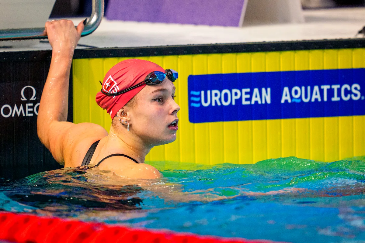 Swiss Swimmer Angelina Patt reacts after competing in the Women's 100m Individual Medley (IM) Heats during the European Aquatics Short Course Swimming Championships in Lublin, Poland, Wednesday, Dec. 3, 2025. (KEYSTONE/Patrick B. Kraemer)