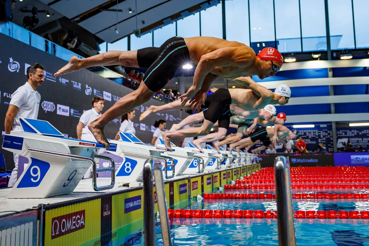 Swiss Swimmer Antonio Djakovic competes in the Men's 100m Freestyle Heats during the European Aquatics Short Course Swimming Championships in Lublin, Poland, Friday, Dec. 5, 2025. (KEYSTONE/Patrick B. Kraemer)