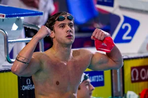 Swiss Swimmer Noe Ponti celebrates after winning in the Men's 200m Butterfly Final during the European Aquatics Short Course Swimming Championships in Lublin, Poland, Sunday, Dec. 7, 2025. (KEYSTONE/Patrick B. Kraemer) Swiss Swimmer Noe Ponti celebrates after winning in the Men's 200m Butterfly Final during the European Aquatics Short Course Swimming Championships in Lublin, Poland, Sunday, Dec. 7, 2025. (KEYSTONE/Patrick B. Kraemer)