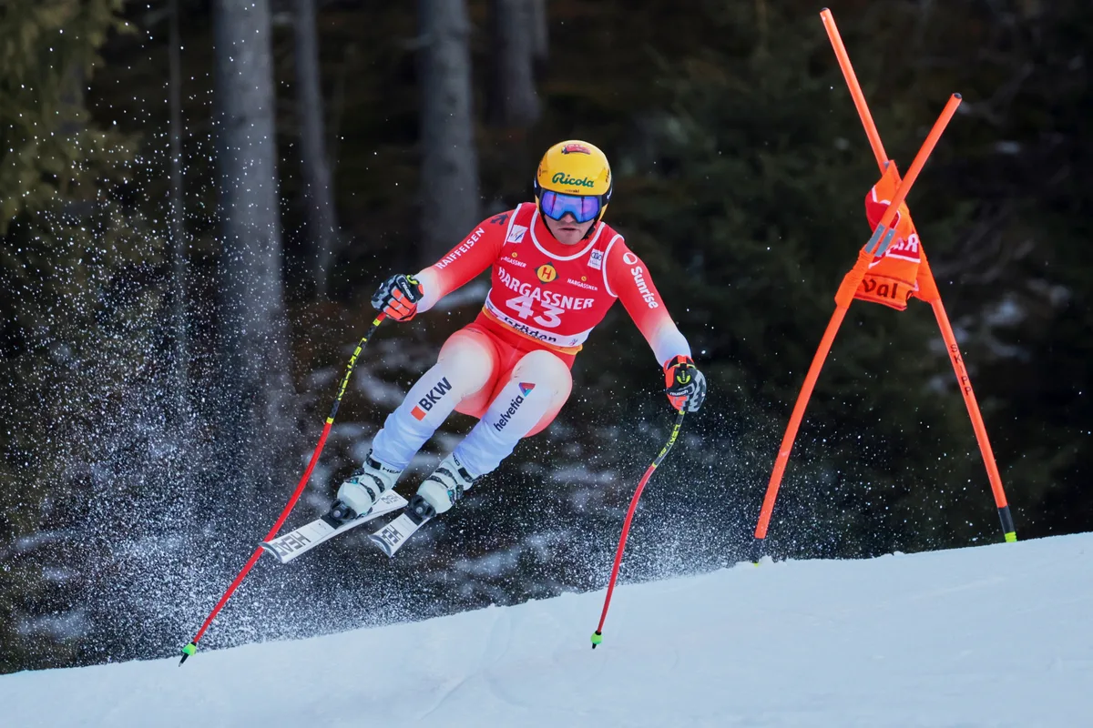 Ein Skifahrer bei einem kleinen Sprung, rechts neben ihm ein Tor. 