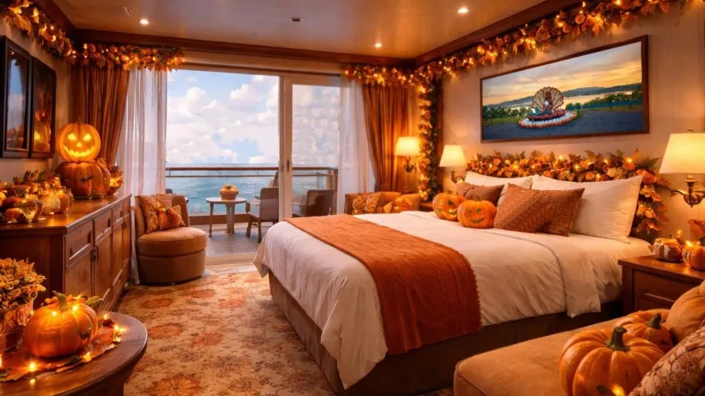 Gruseliges Ambiente: So schläft es sich auf der Kürbis-Kreuzfahrt. Eine Schiffskabine im Kürbis-Look.