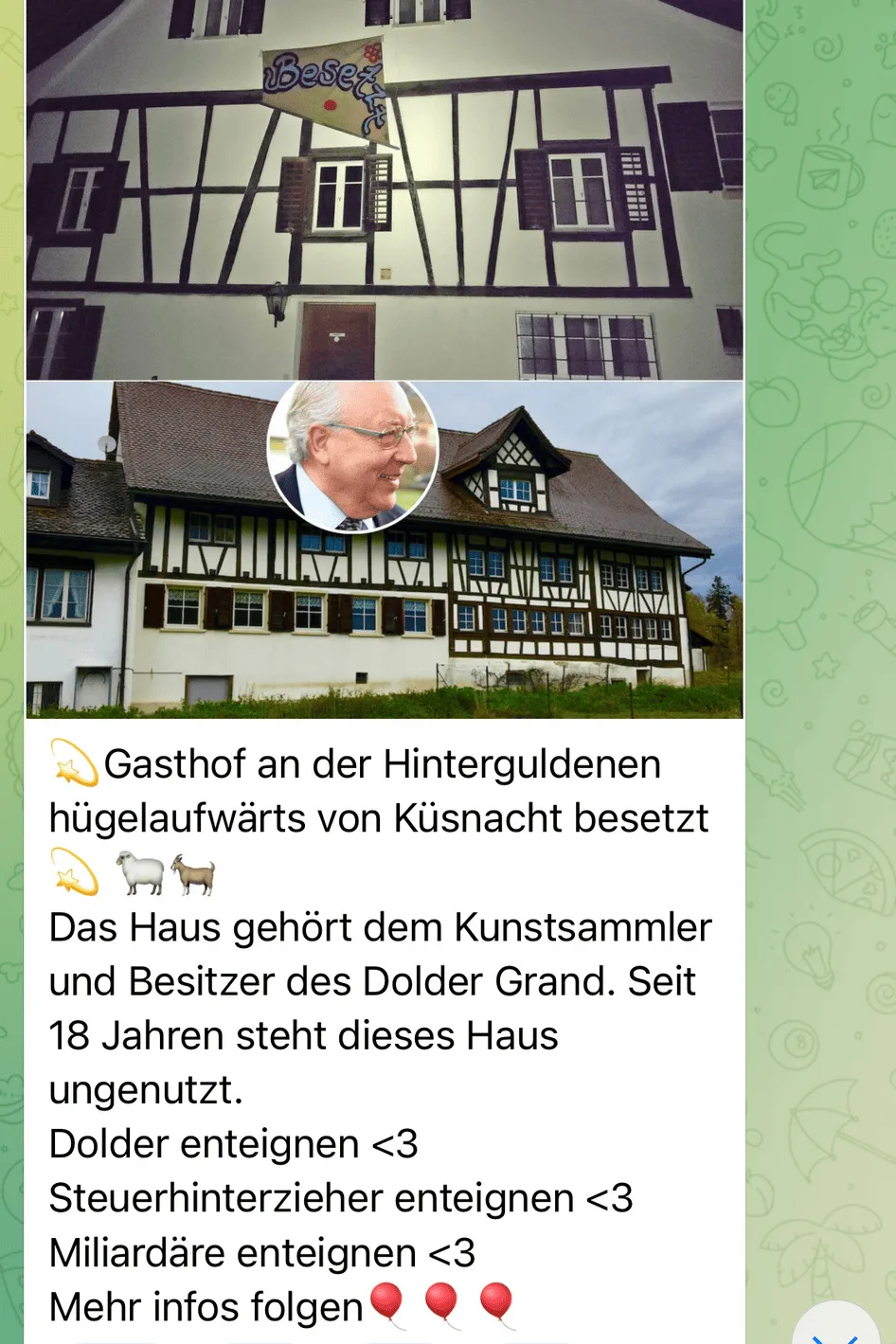 In einem Telegram-Kanal der Stadtzürcher Besetzerszene wurde diese Nachricht geteilt. Screenshot: Telegram