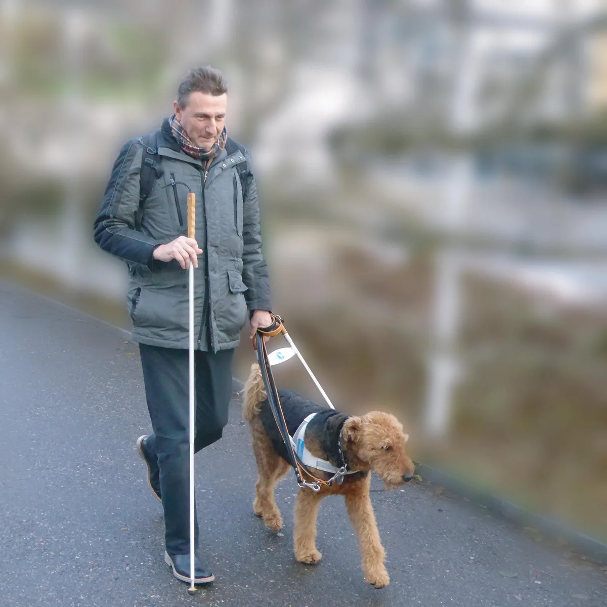 Urs Lüscher ist seit 20 Jahren sehbehindert und meistens mit seinem Hund unterwegs. (Archivfoto) Urs Lüscher und sein Hund sind auf einem Trottoir unterwegs.