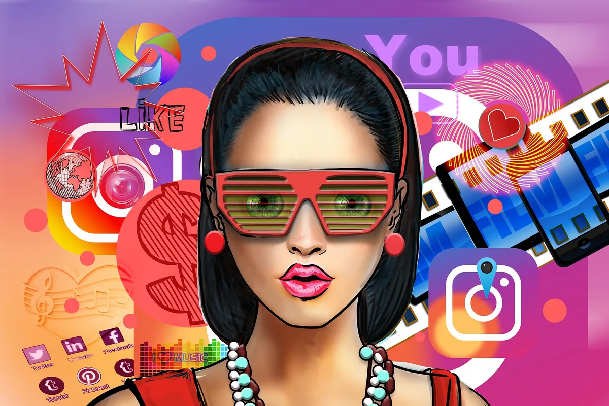 11939853-3 Grafik mit einer Person und zahlreichen Icons von Social Media-Plattformen.