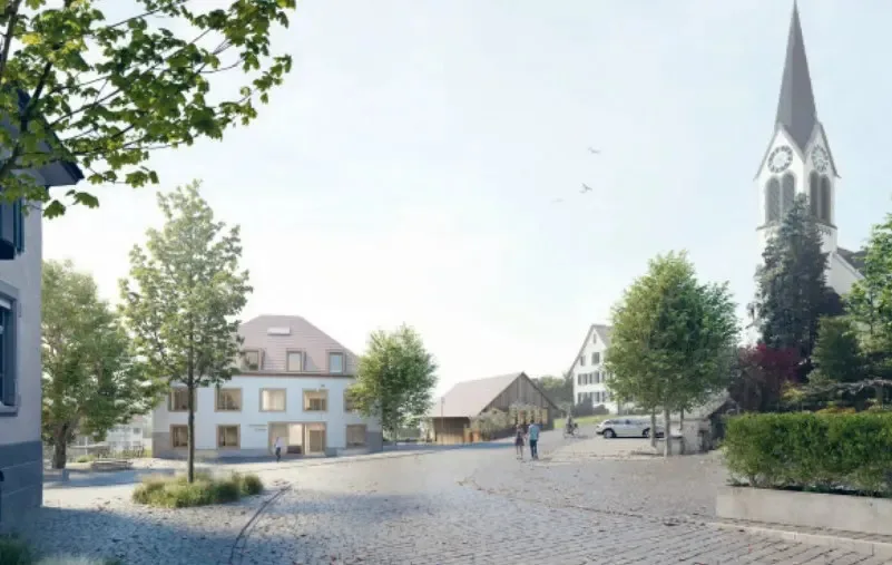 Grafik eines Dorfplatzes.