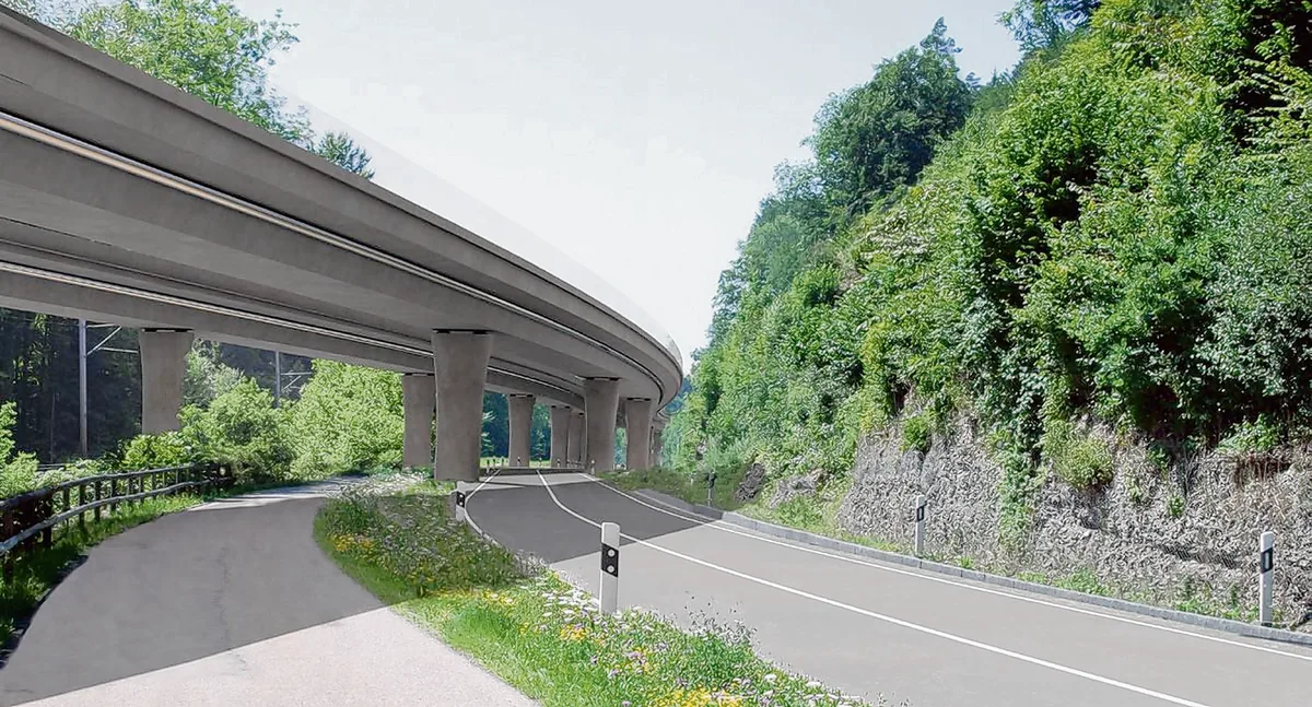 Visualisierung einer Bruecke ueber einer Strasse.