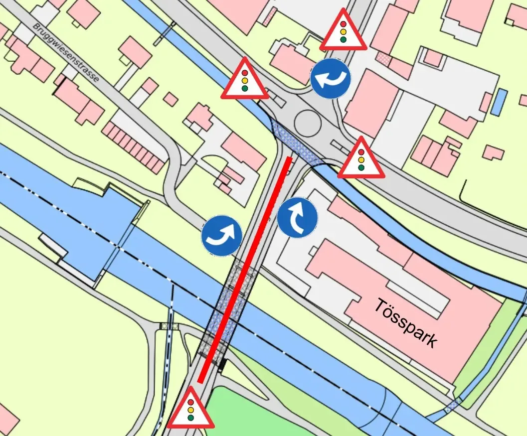 Damit der Kreisel nicht verstopft, wird der Verkehr während der Sanierung der Brücke mit Lichtsignalanlagen geregelt. Grafik