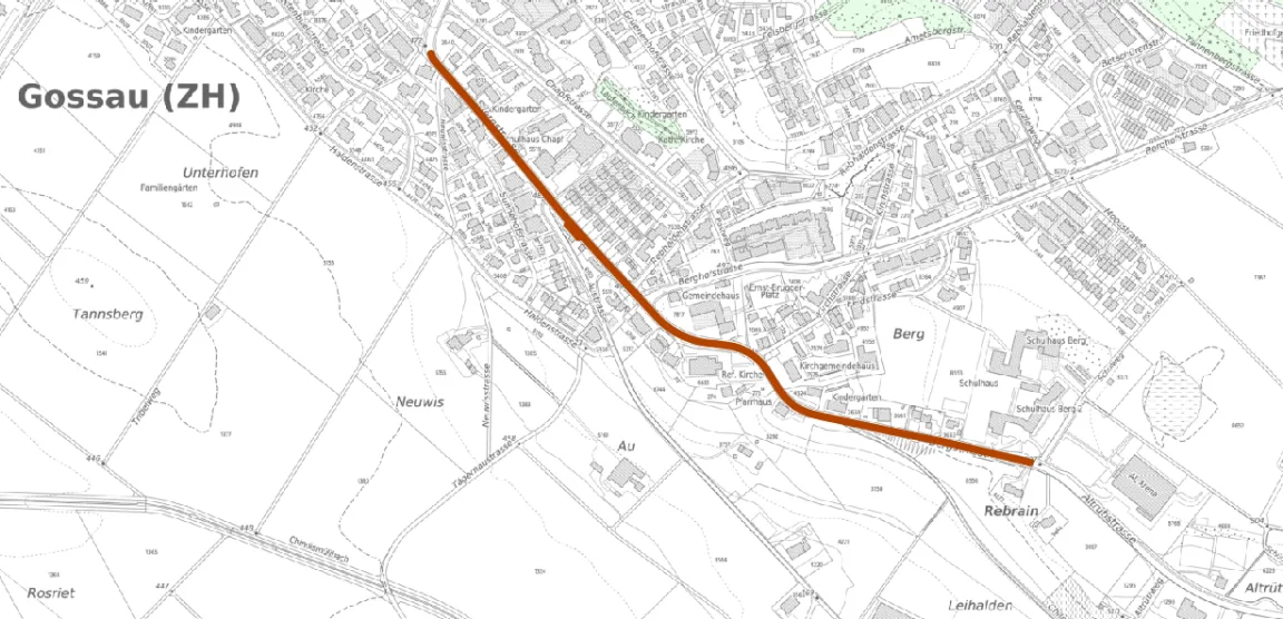 Die Bergstrasse wird seit Monaten in Etappen saniert. Nun erfolgen die Fertigstellungsarbeiten. Kartenausschnitt der betroffenen Strasse in Gossau.