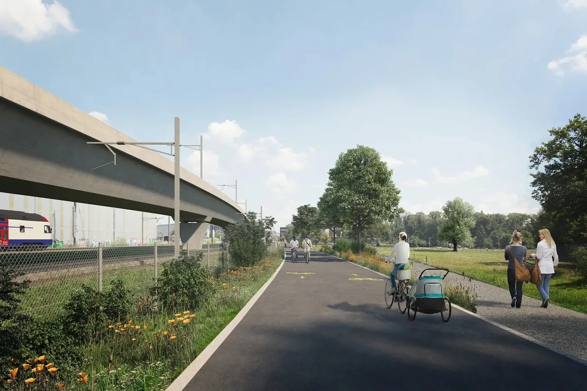 Zwischen Wallisellen und Oerlikon ist eine durchgängige Veloschnellroute geplant sowie ein abgetrennter Fussweg. Visualisierung Veloweg.