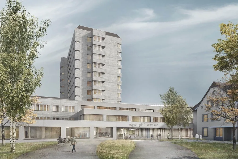 Die Visualisierung zeigt das fertige Spital mit dem Neubau.