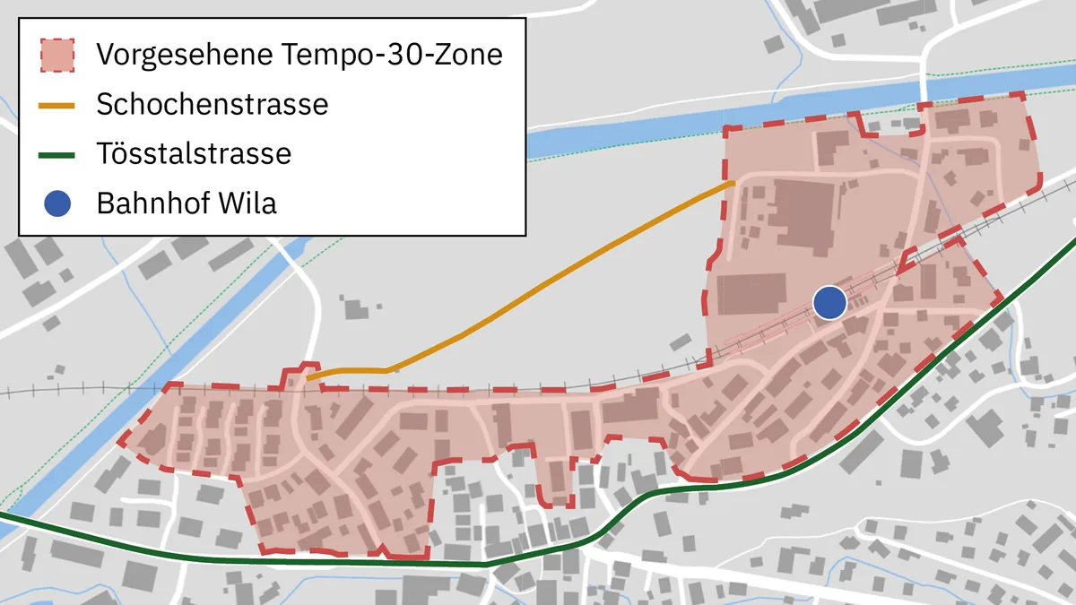 Man sieht eine Karte mit der Tempo-30-Zone Wila Ost.
