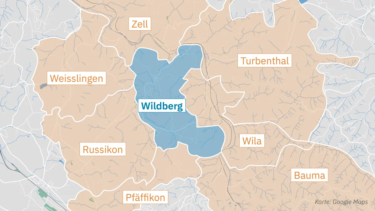 Man sieht eine Karte, auf der Wildberg und die umliegenden Gemeinden eingezeichnet sind.