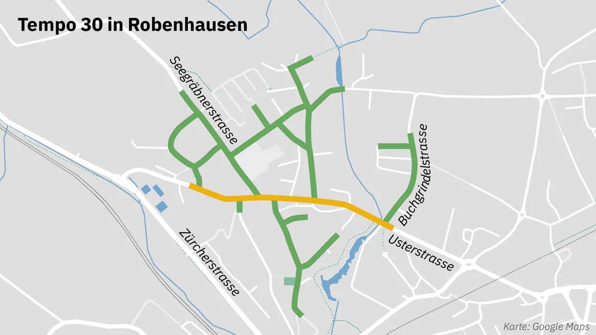 Die Tempo-30-Zone in Robenhausen. Grafik zu den Tempo 30 Zonen in Robenhausen