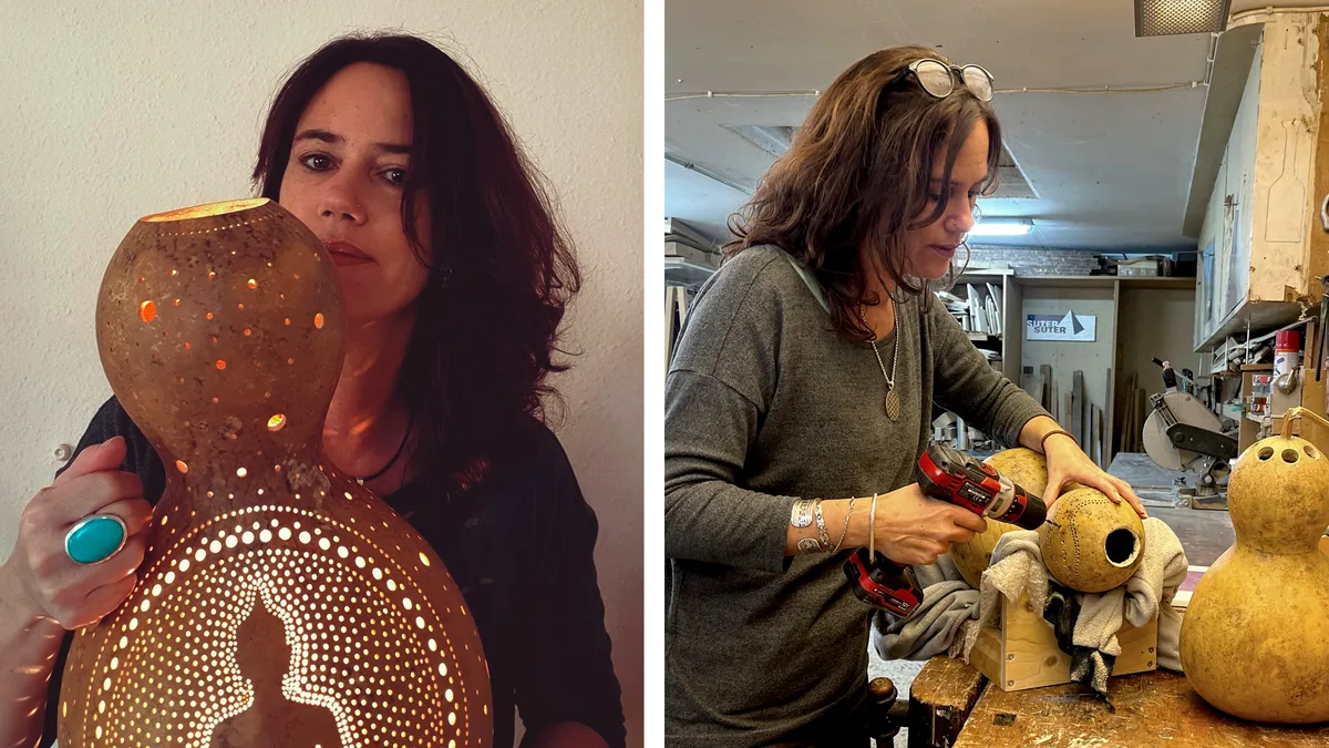 Vor drei Jahren hat Jacqueline Wettstein begonnen, aus Kalebassen Lampenschirme herzustellen. Bildkombo Dezember 2022 Lampen aus Kürbis