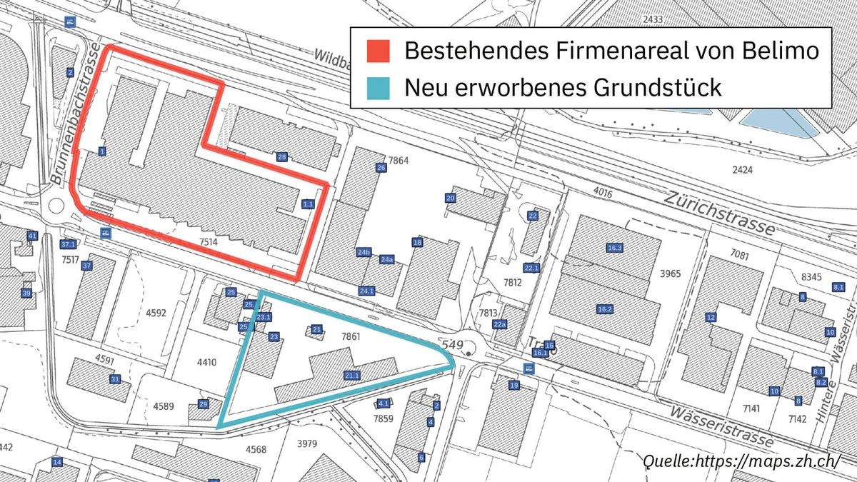 An der Wässeristrasse in Hinwil plant die Belimo Automation AG ein neues Produktions- und Logistikgebäude. Übersichtkarte mit dem Hauptsitz von Belimo und dem Neubau in Hinwil.