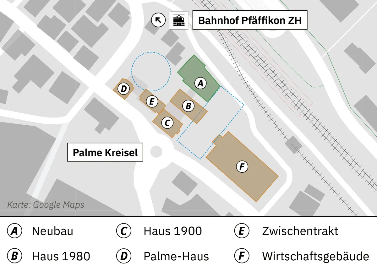 Der «Palme-Park» wird auf den heutigen Parkplätzen gebaut – in der Karte durch den Kreis signalisiert. Palme-futura-Bauprojekt, Karte Februar 2023.