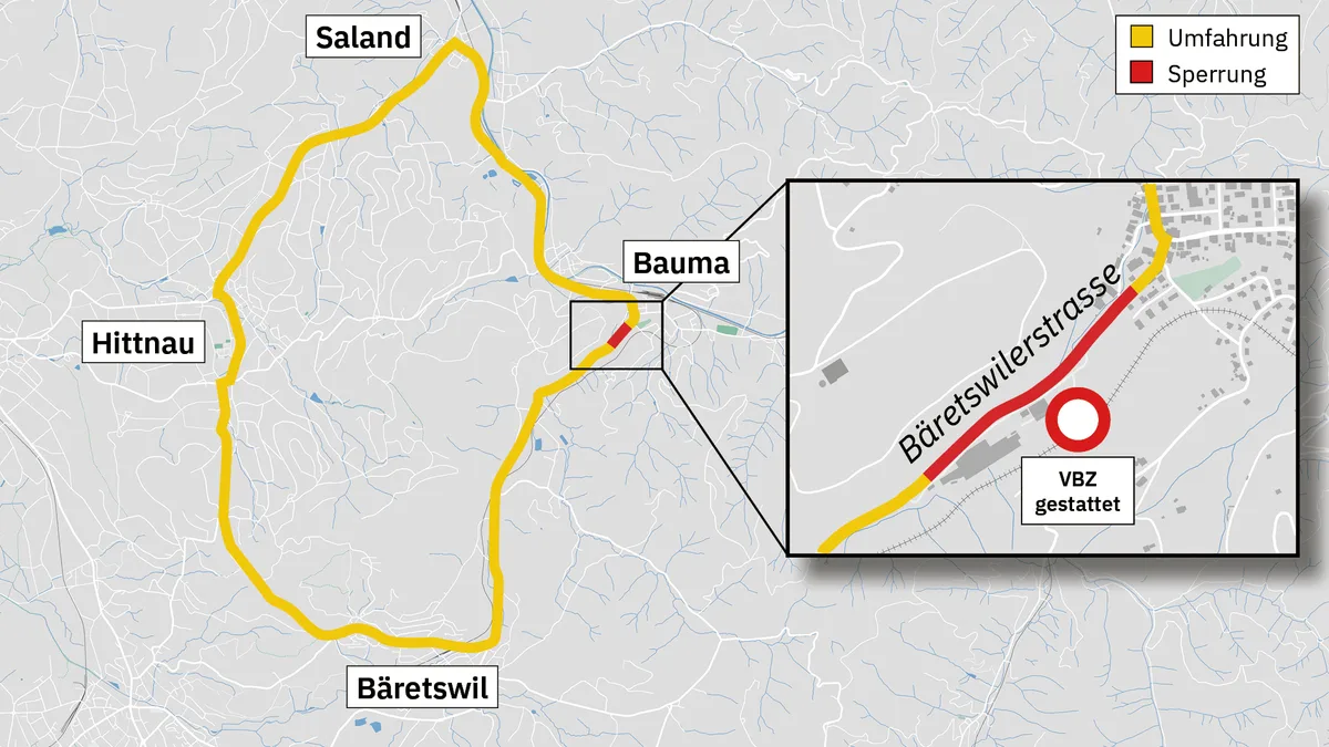 Kurz vor Bauma auf der Bäretswilerstrasse wird ein Streckenabschnitt gesperrt. Die Umfahrung führt über Bäretswil, Hittnau und Saland.