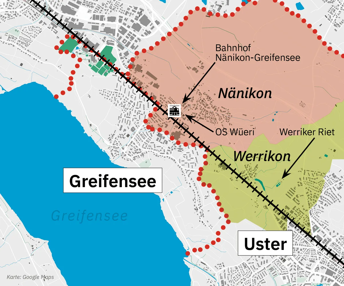noneDie Oberstufenschule Wüeri liegt zwar in Nänikon. Zum Unterricht gehen aber auch Schüler aus Greifensee und Werrikon. Karte mit den Gemeindegrenzen zwischen Greifensee und Uster. Das Oberstufenschulhaus Wüeri, in der Nähe vom Bahnhof Nänikon-Greifensee, liegt auf dem Gebiet von Nänikon. Werrikon liegt auf derselben Bahnseite.