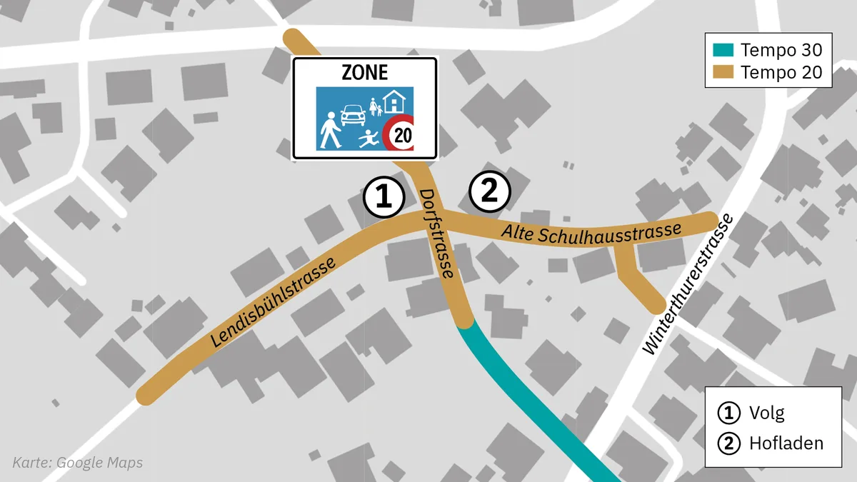 Karte mit den neuen Tempo 20 und 30 Zonen, in der Dorfstrasse, Lendisbühlstrasse und Alte Schulhausstrasse.