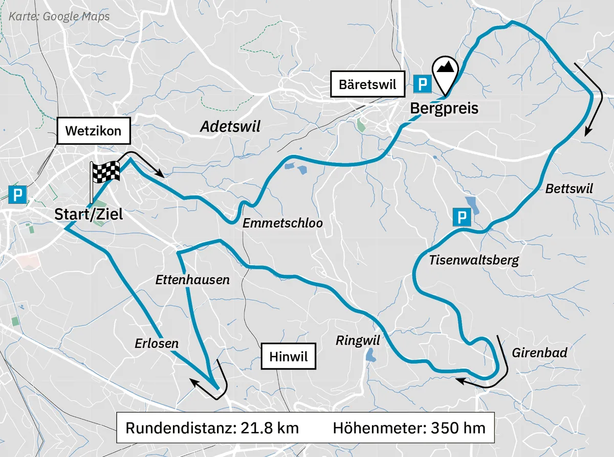 Karte der Route der Rad-SM 2023 durchs Zürcher Oberland.