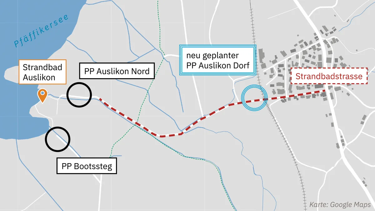 Die 800 Unterschriften stoppten den Projektierungsprozess des neu geplanten Parkplatzes Auslikon Dorf. (Archiv) Parkplatzsituation in Auslikon, Grafik: Karte Web
