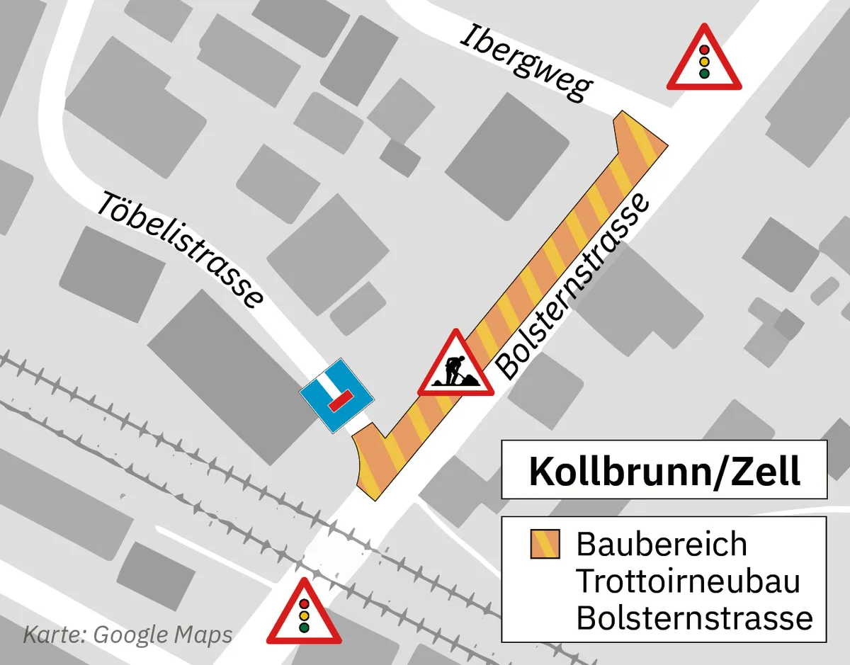 Wer während der Bauzeit in die Töbelistrasse abbiegen will, muss den Umweg über den Ibergweg nehmen. Baustellenkarte in Kollbrunen, Zell