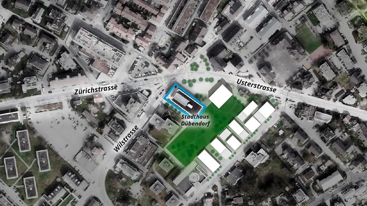 Übersichtskarte des Dübendorfer Stadtzentrums. 