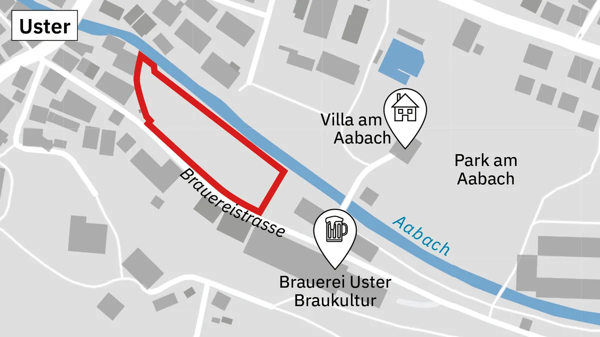Das Bild zeigt eine grafische Karte eines Ortsteils von Uster.