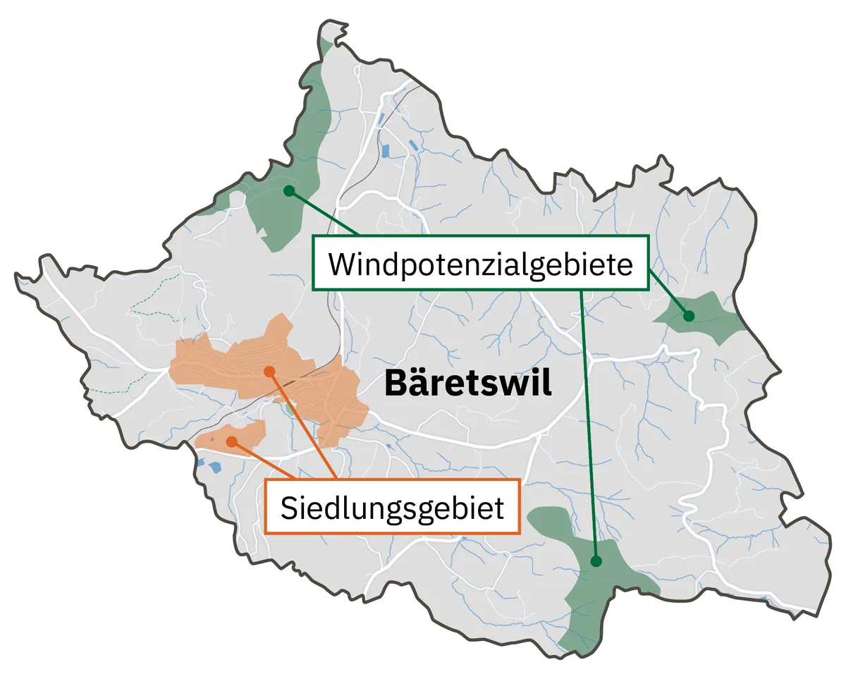 Die BZO regelt, wie sich das Siedlungsgebiet entwickelt. Die Windpotenzialgebiete befinden sich ausserhalb davon. Die Grafik zeigt die Windpotenzialgebiete und das Siedlungsgebiet in Bäretswil.