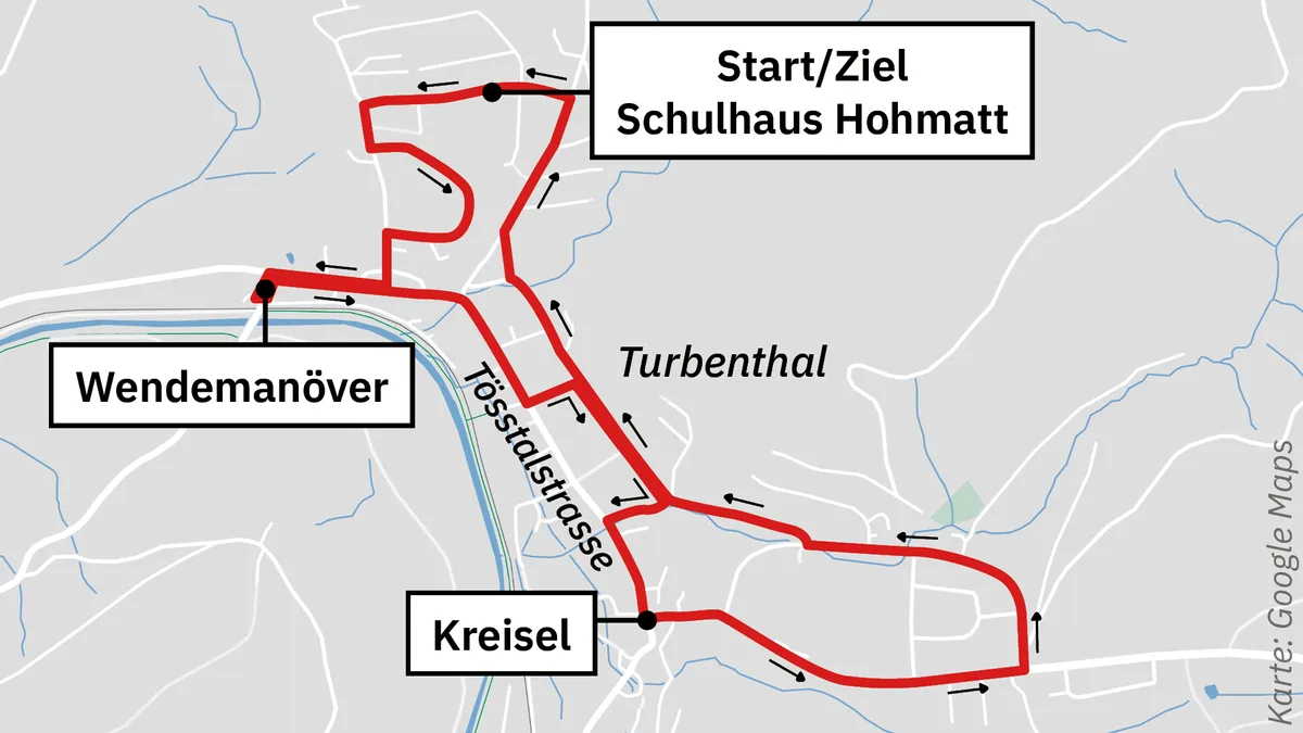 Grafik zur Route der Veloprüfung in Turbenthal