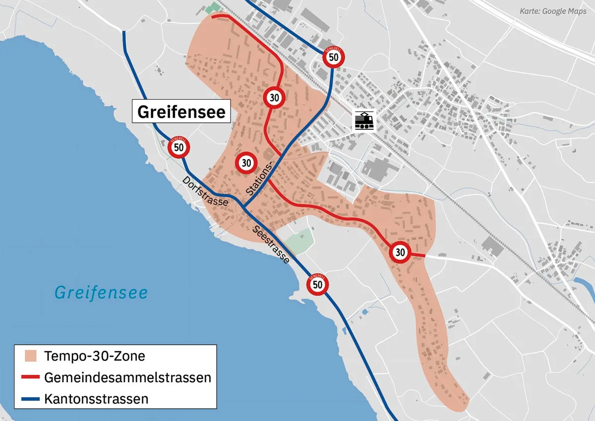 Im Siedlungsgebiet von Greifensee wird Tempo 30 eingeführt. Ausgenommen sind die blau markierten Kantonsstrassen. Karte von Greifensee mit grossflächigen Tempo-30-Zonen. Auf den Kantonsstrassen gilt noch Tempo 50.