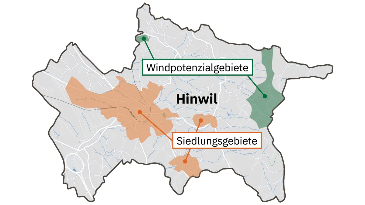 Die BZO regelt normalerweise, wie im Siedlungsgebiet gebaut werden kann. Die möglichen Windpotenzialgebiete in Hinwil befinden sich weit weg davon. Grafik zu den Windpotenzialgebieten in der Gemeinde Hinwil.