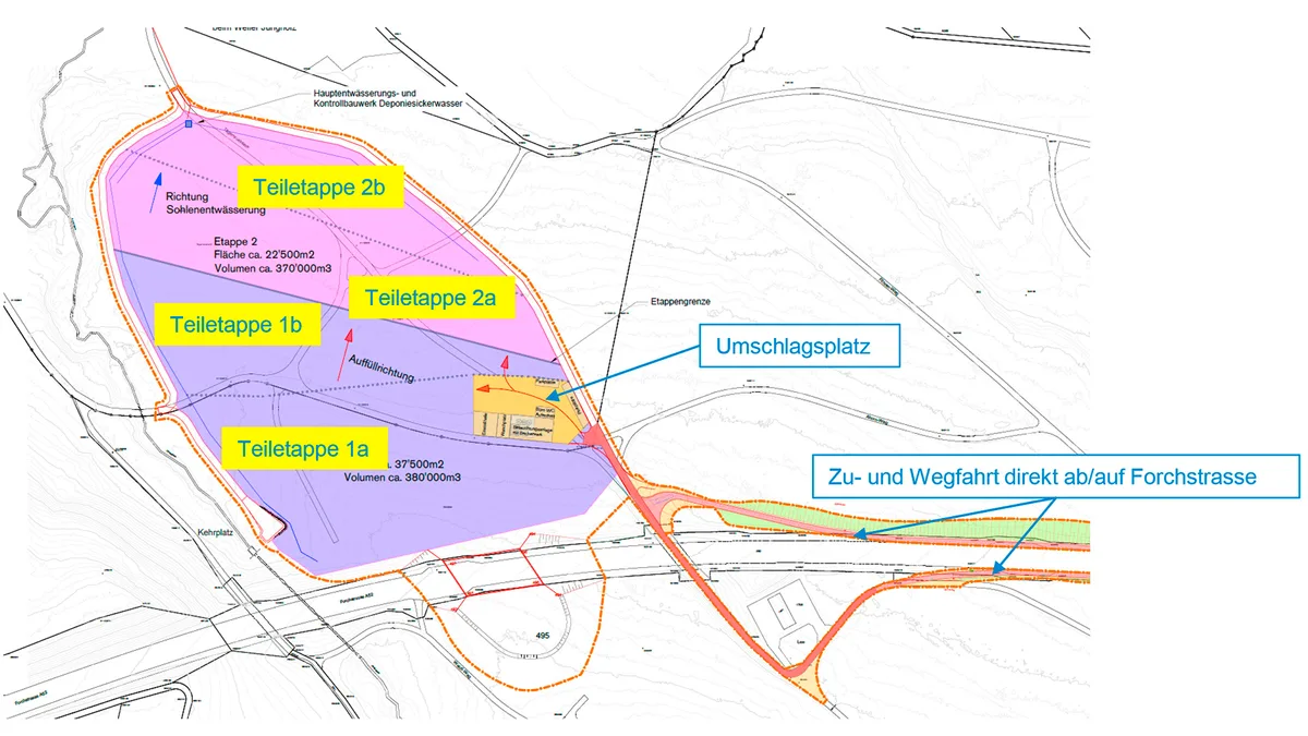 Übersichtskarte mit allen Teiletappen, Umschlagsplatz sowie Zu- und Wegfahrt Forchstrasse.