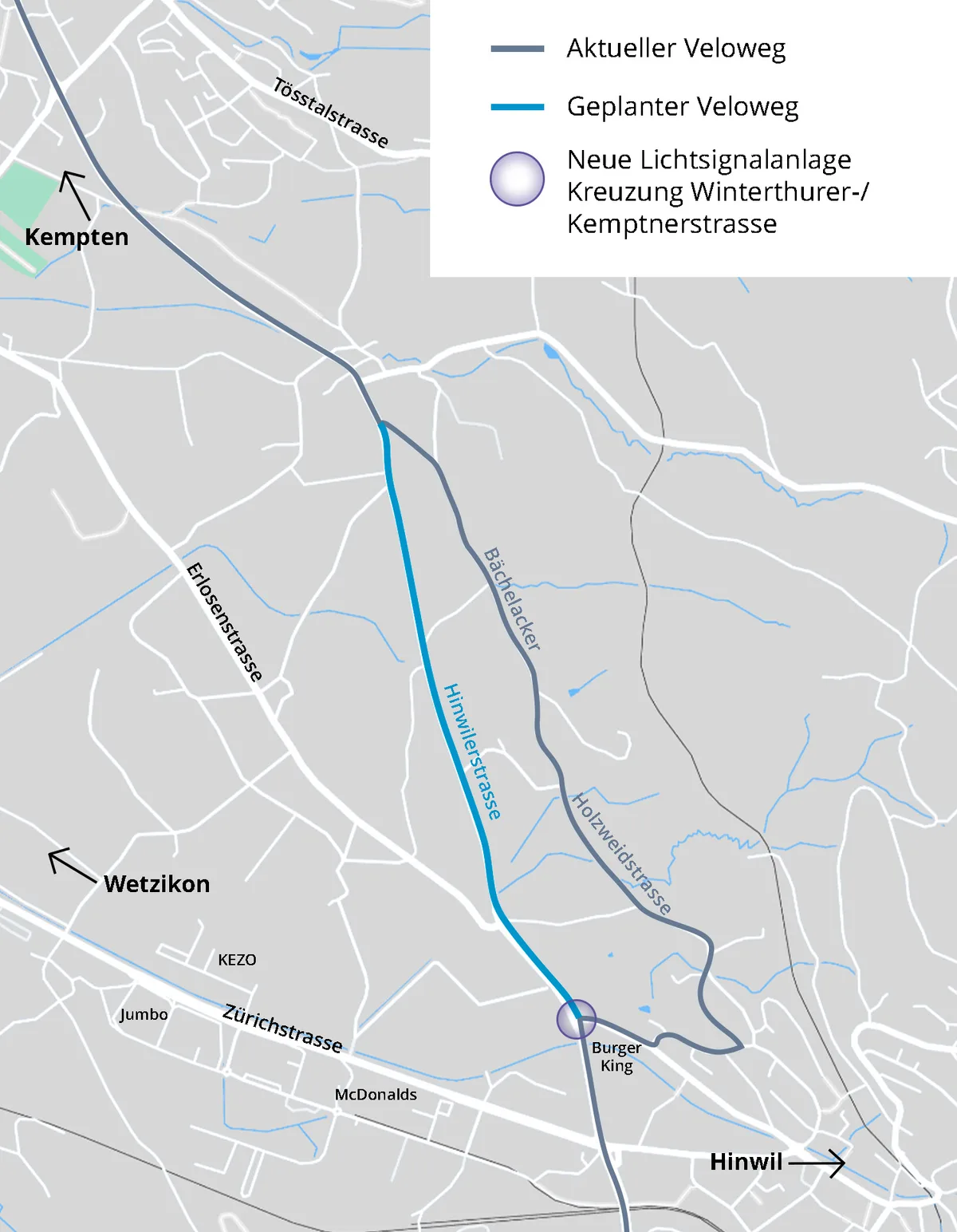 Visualisierung des neu geplanten Velowegs von Wetzikon nach Hinwil