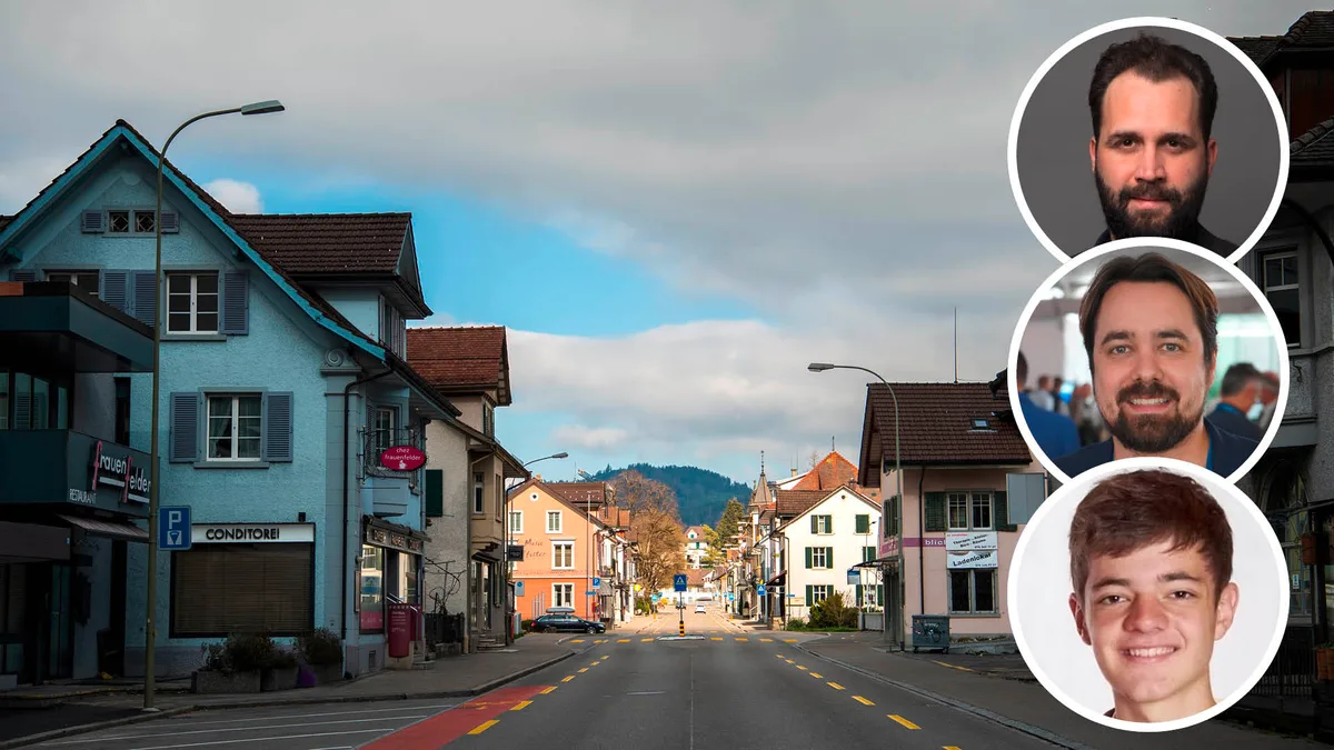Marco Müller, Andreas Wolfensberger und Jonas Wepfer (von oben nach unten) wollen mit der Bevölkerung über die Bahnhofstrasse diskutieren. Bahnhofstrasse in Wetzikon und rechts drei Köpfe von Männern.
