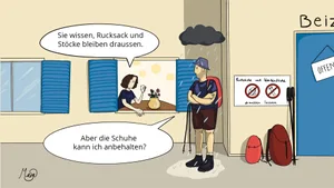 Comic zum Thema Wanderstöcke und Rucksäcke am Bachtelrestaurant. Comic zum Thema Wanderstöcke und Rucksäcke am Bachtelrestaurant.