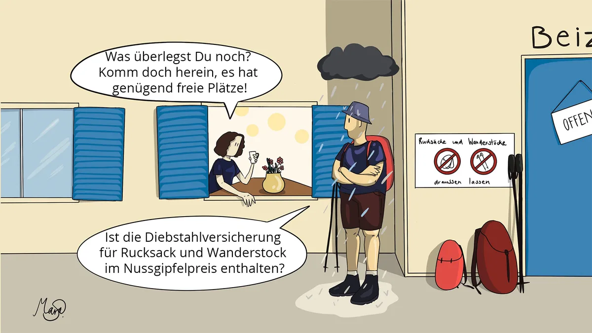 Comic. Ein Wanderer steht unter einer kleinen, regnenden Wolke vor dem Restaurant. Rechts von ihm Rucksäcke und Wanderstöcke an der Wand unter einem Verbotsschild von Rucksäcken und Wanderstöcken angelehnt. Links vom Wanderer eine Frau, die sich aus dem Fenster lehnt.