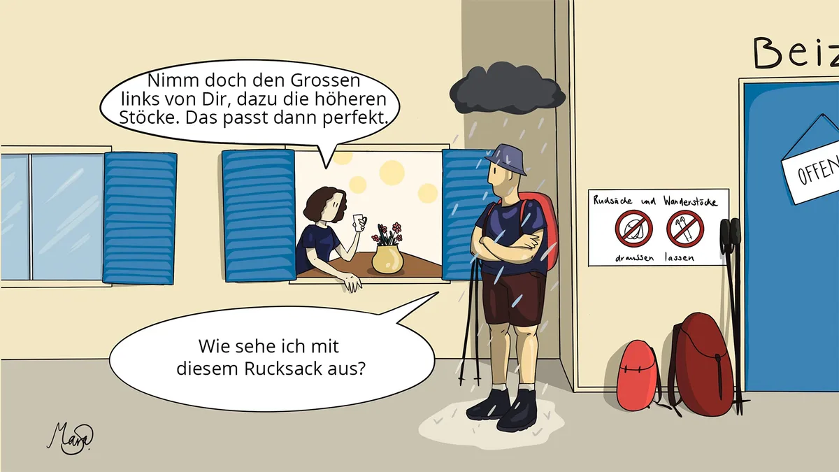 Comic. Ein Wanderer steht unter einer kleinen, regnenden Wolke vor dem Restaurant. Rechts von ihm Rucksäcke und Wanderstöcke an der Wand unter einem Verbotsschild von Rucksäcken und Wanderstöcken angelehnt. Links vom Wanderer eine Frau, die sich aus dem Fenster lehnt.