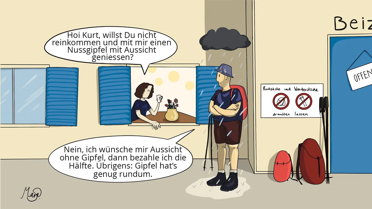 Comic. Ein Wanderer steht unter einer kleinen, regnenden Wolke vor dem Restaurant. Rechts von ihm Rucksäcke und Wanderstöcke an der Wand unter einem Verbotsschild von Rucksäcken und Wanderstöcken angelehnt. Links vom Wanderer eine Frau, die sich aus dem Fenster lehnt.