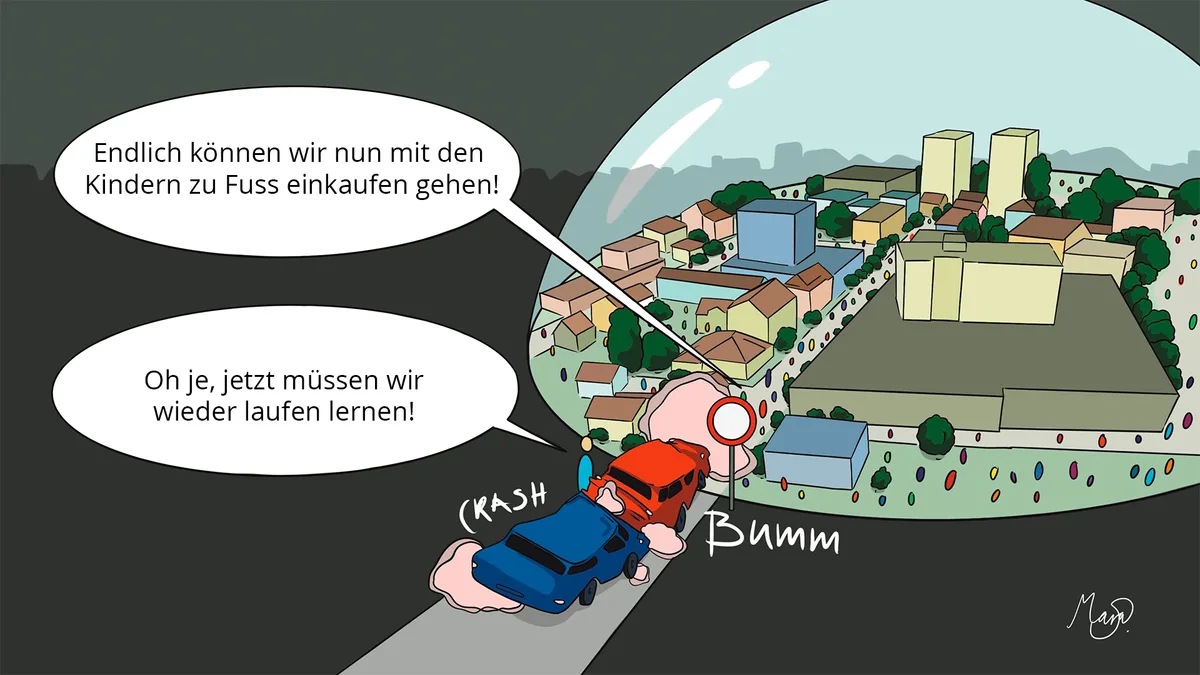 Illustration: eine Blase rund um Uster. Auf der Strasse vor Uster ein Fahrverbotsschild und zwei Autos, die zusammengestossen sind.