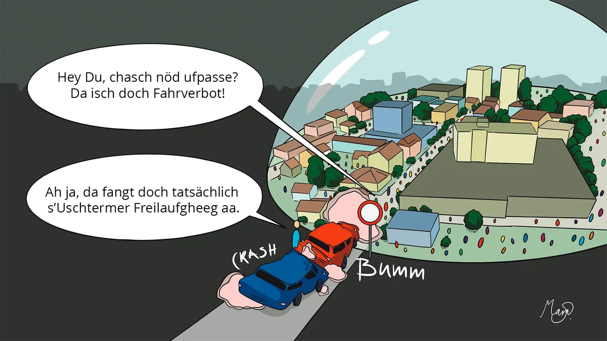 Illustration: eine Blase rund um Uster. Auf der Strasse vor Uster ein Fahrverbotsschild und zwei Autos, die zusammengestossen sind.